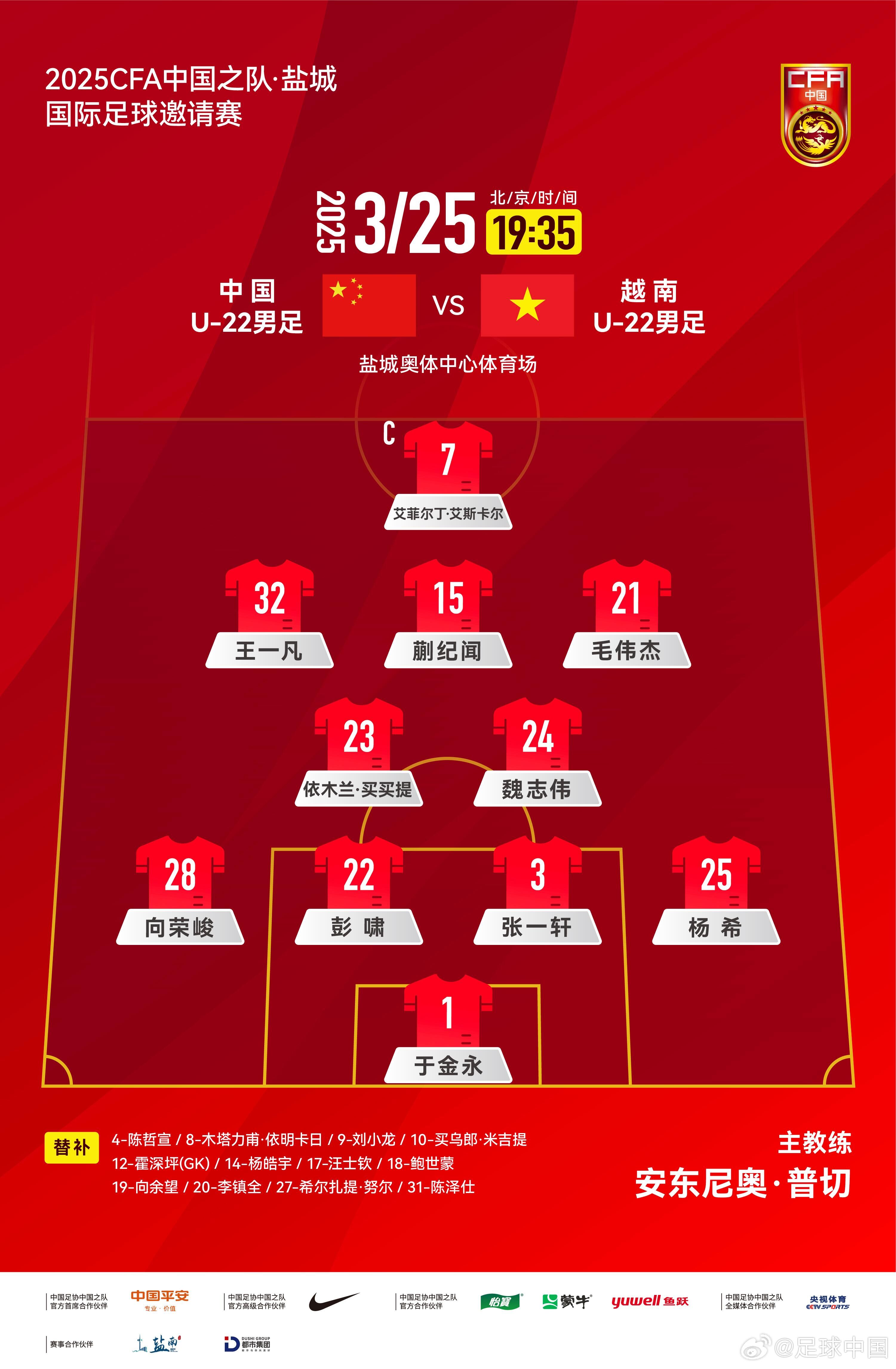 鹽城國(guó)際足球邀請(qǐng)賽中國(guó)U-22男足vs越南U-22男足，中國(guó)隊(duì)首發(fā)陣容