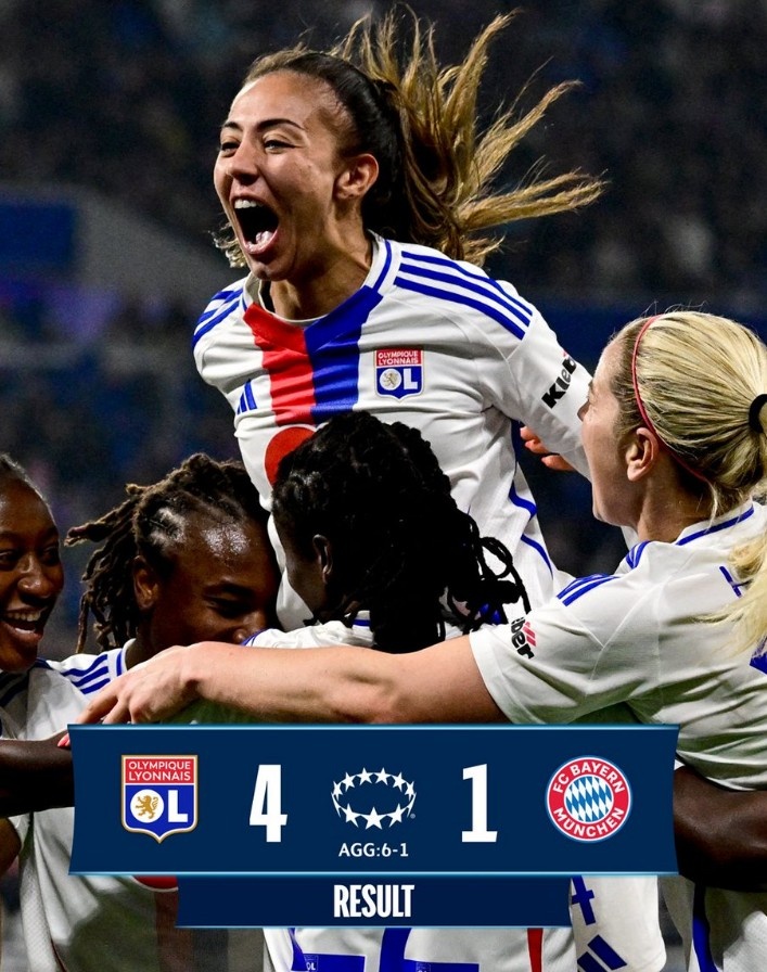里昂女足4-1大勝拜仁女足，總比分6-1晉級(jí)女足歐冠半決賽